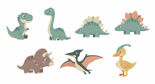 Adorable cartoon dinosaurs and a prehistoric bird depicted with simple, rounded shapes
