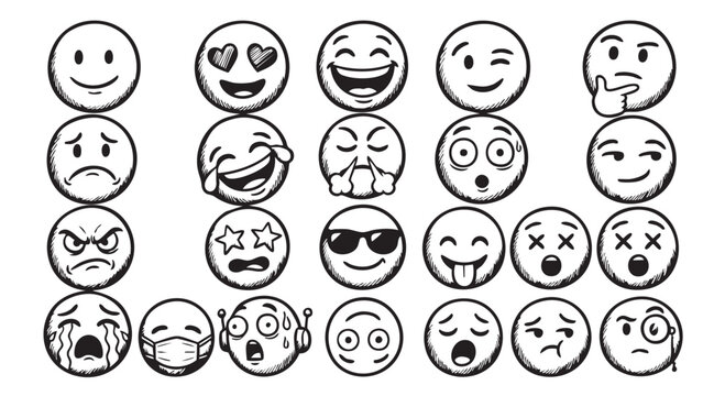 Cartoon Emotion Faces Vector Illustration &mdash; Black and White Set of Twenty Expressive Character Icons for Communication and Design