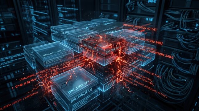 Malicious code over modular data blocks, cybersecurity threat concept for hacking, digital risk and information security themes, dark high tech composition with glowing code and layered structures