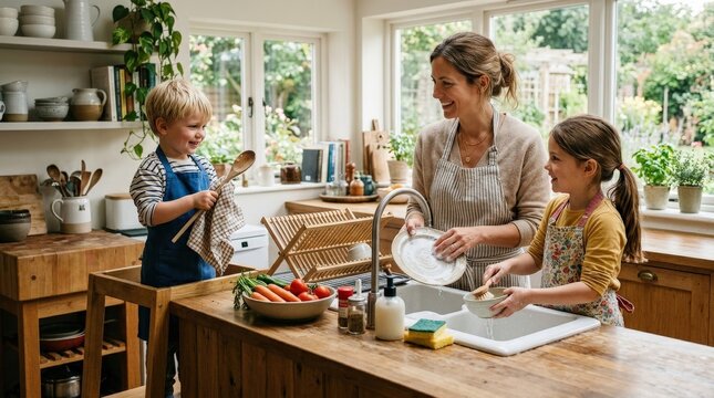 Mother and children bonding while doing kitchen chores, warm home lifestyle scene for family teamwork, parenting, routine and togetherness themes, natural interaction, realistic detail and polished