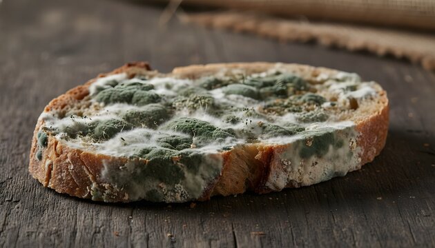 Slice of moldy bread with green spots on a rustic wooden table showing fungal growth and decomposition for food waste and safety concept, macro view