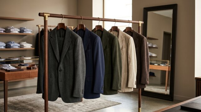 Elegant suit jackets displayed on hangers, sophisticated menswear retail visual for tailoring, shopping, fashion and luxury branding themes, clean arrangement, soft light and polished premium