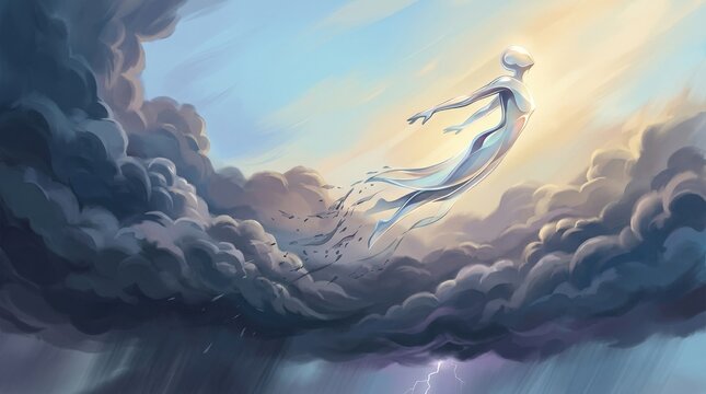Abstract figure flying above the storm and reaching inner freedom, conceptual mental health scene with liberation, resilience and emotional recovery themes, dramatic clouds, uplifting movement,