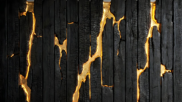 Charred black wood texture with glowing gold liquid veins, Shou Sugi Ban burnt timber wall art, luxury dark wooden background with kintsugi style golden cracks for interior design