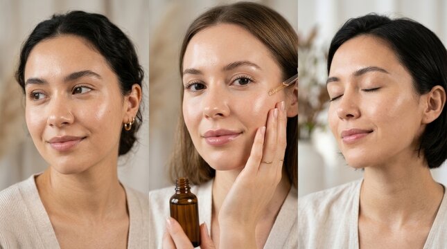 Beauty skincare close up portraits with glowing skin and refined facial detail, wellness, self care and cosmetic concept, clean minimal composition, soft flattering light, realistic complexion