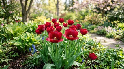 Obraz premium Deep red tulips blooming in a spring garden with soft bokeh, elegant floral nature scene with rich petals, seasonal beauty and fresh outdoor atmosphere, ideal for gardening and spring themes, natural
