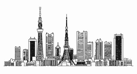 Obraz premium Black and white sketch of a modern city skyline with tall towers