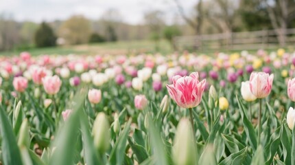 Obraz premium Soft focus tulip field with a pink and white striped bloom, delicate spring floral scene with gentle color variation, garden beauty and dreamy atmosphere, ideal for nature and gardening themes,