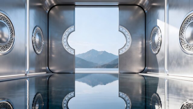 Futuristic room with mountain view