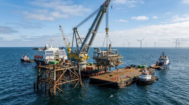 Offshore oil well decommissioning rig for energy transition, industrial marine infrastructure scene showing dismantling, sustainability and future energy concept, open sea, realistic machinery and