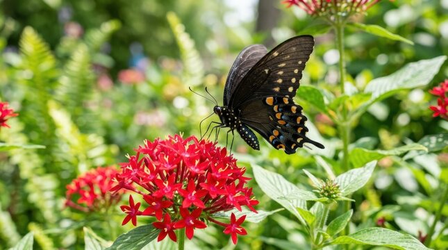 Black butterfly on red pentas flowers, vivid macro nature scene for wildlife, pollinator and garden themes, elegant dark wings contrasted with bright blossoms and soft bokeh foliage, fresh outdoor