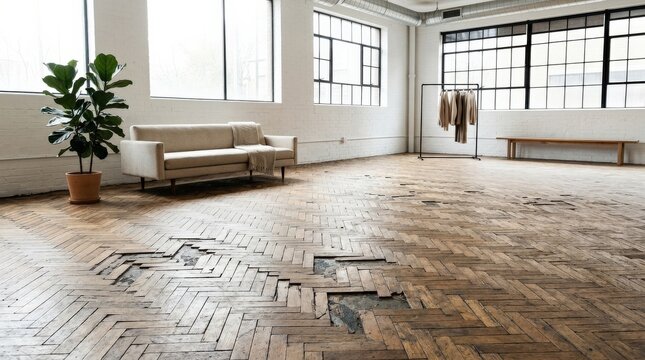 Sparse room showcasing deteriorated parquet floor with missing tiles and visible underlayers in natural light, commercial interior concept, aspirational styling, marketable modern decor appeal, clean
