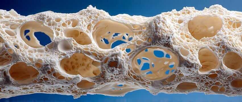 Close-animated movie macro revealing the intricate, porous, and trabecular structure of bone tissue against a vibrant blue