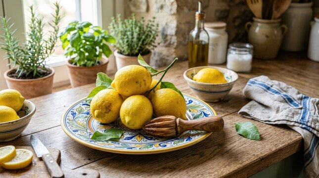 Lemons on a decorative plate with a wooden reamer, bright citrus still life for kitchen, freshness and cooking themes, clean home styling with Mediterranean mood and rustic utility, natural daylight,