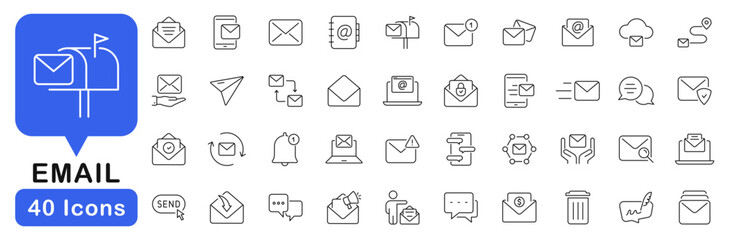 Email icon set. Mail icons in line style. Editable web icons letter, message, inbox, post mail, postal, letter sent, new mail, reply, forward mail etc. Vector illustration.