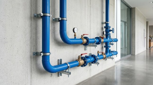 Blue water pipes against a modern wall, industrial design and utility concept, clean architectural lines, plumbing infrastructure detail, minimal urban composition, bright light, realistic texture and