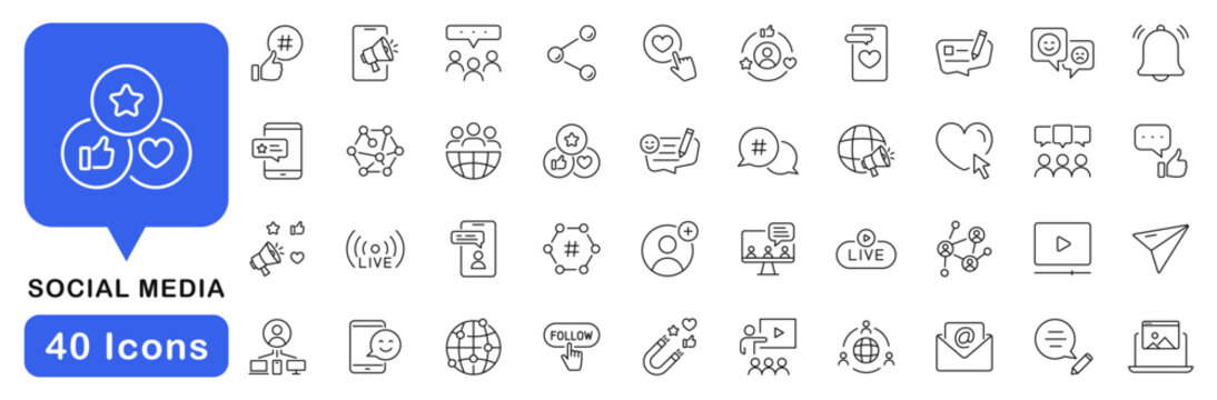 Social media icon set. Social network icons in line style. Editable web icons website, posting, online community, target, content, blog, business marketing, influencer etc. Vector illustration.