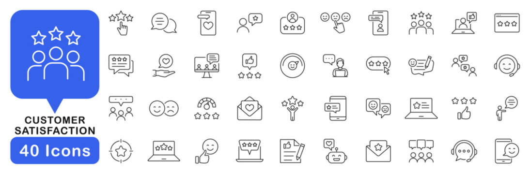 Customer satisfaction icon set. Feedback icons in line style. Editable web icons satisfaction, like, dislike, review, recommend, customer experience, rating etc. Vector illustration.