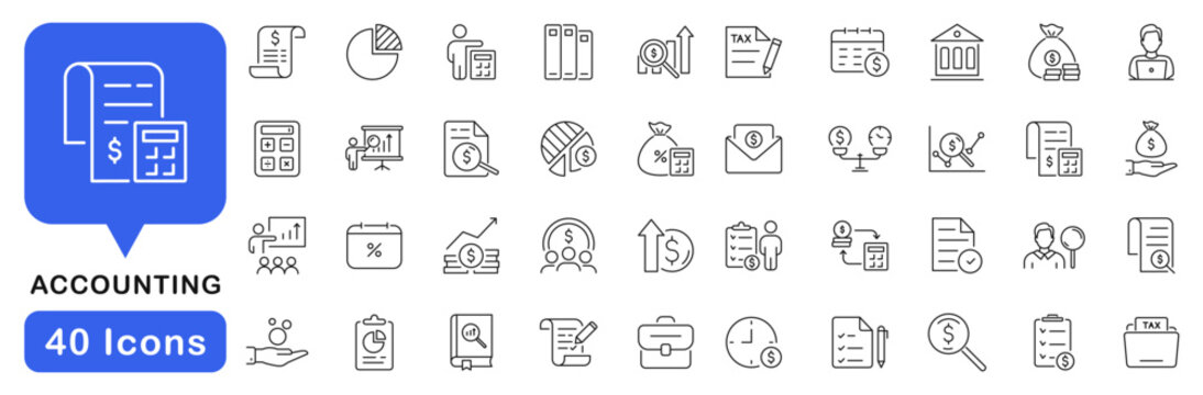 Accounting icon set. Financial icons in line style. Editable web icons business, statement, balance sheet, calculator, financial audit, invoice, tax return. Vector illustration.