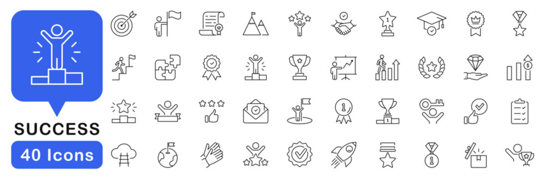 Success icon set. Successful icons in line style. Editable web icons achievement, star, best, reward, medal, motivation, winner, grow etc. Vector illustration.