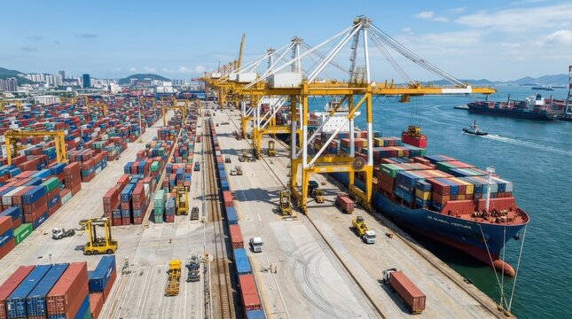 Shipping container port, global trade and logistics concept, stacked cargo containers and cranes, industrial maritime infrastructure, supply chain operations scene, bright daylight, crisp realistic