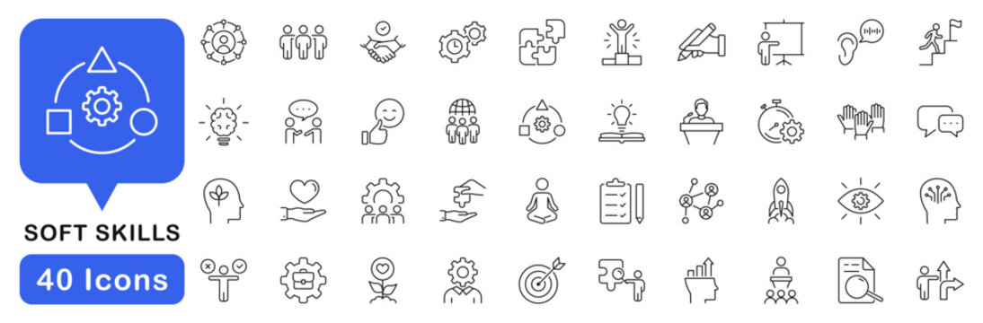 Soft skills icon set. Soft skills icons in line style. Editable web icons communication, teamwork, problem solving, empathy, adaptability, leadership, time management, critical thinking etc.