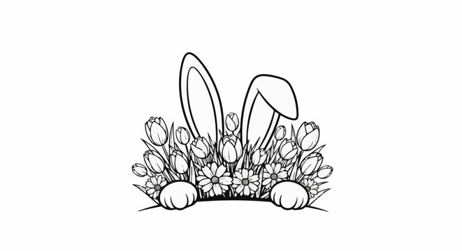 Bunny ears poking from a bouquet of tulips and daisies