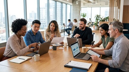 Fototapeta premium Diverse team collaborating on a project in a modern office setting, inclusive business teamwork concept, coworkers sharing ideas around a desk, laptops and documents in use, bright workspace,