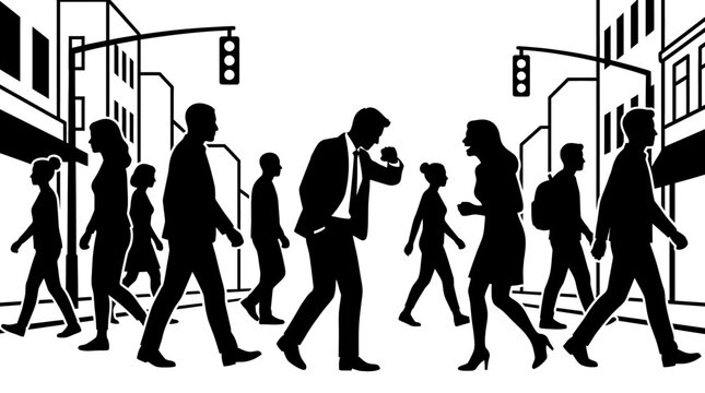 Crowd Silhouette Crossing City Street with Buildings and Traffic Lights
