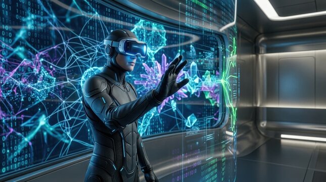 Humanoid figure with virtual goggles exploring artificial intelligence realms, futuristic technology concept with immersive digital experience, innovation and cyber environment appeal, ideal for AI