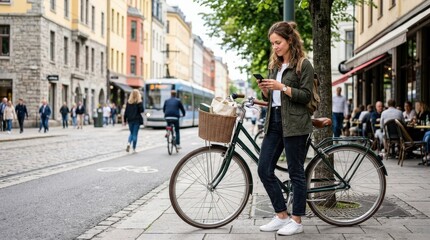 Obraz premium Woman with bicycle using a phone, active urban lifestyle scene combining mobility and communication, casual fashion, city freedom concept, candid moment, clean composition, bright outdoor atmosphere,