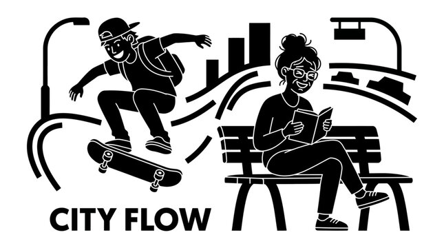 Urban contrast: Skater jumps while woman reads on bench, city life depiction