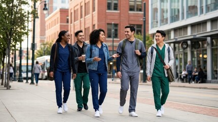 Obraz premium Smiling nursing students walking and talking in an urban setting, healthcare education lifestyle scene for university campaigns, career promotion and inclusive youth branding, confident future