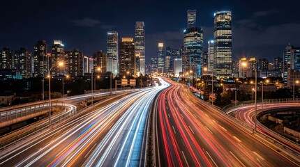 Obraz premium Highway car rainbow light trails against modern city buildings, long exposure urban nightlife concept for transport, technology and metropolitan branding, vibrant motion lines and reflective towers
