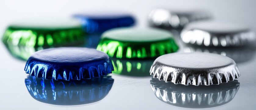 Colorful bottle caps on a reflective surface.