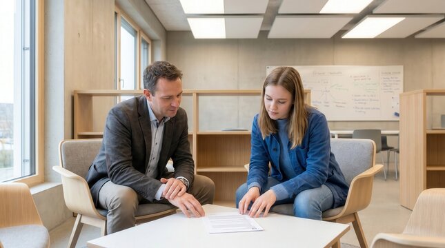 Mature male mentor explaining document to young female colleague in modern office. Career coaching and talent development for business success.