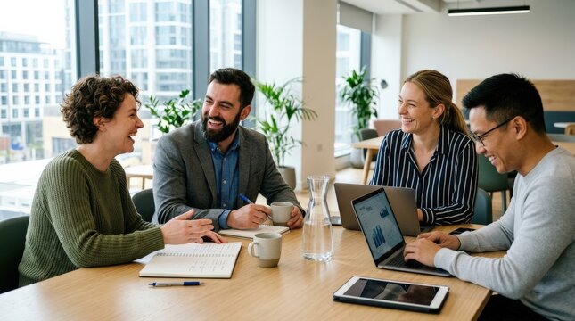 Coworkers laughing together during a business meeting, positive office culture and collaboration concept for teamwork, startups and professional connection themes, candid smiles and bright workspace