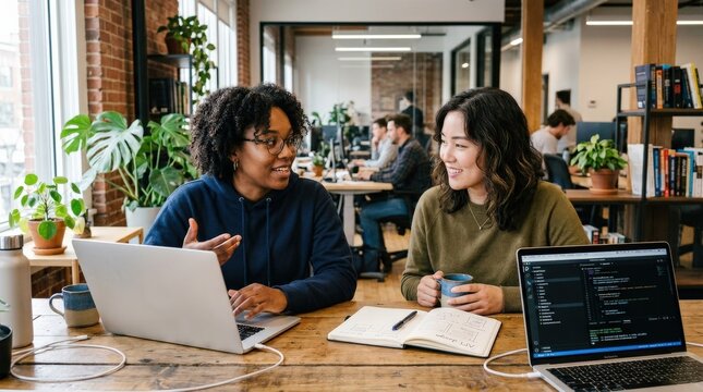 Two female software developers having an informal meeting, tech collaboration and modern workplace concept for coding, startups and innovation themes, laptops and casual discussion create inclusive