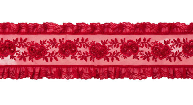 Red lace ribbon with rose floral pattern and ruffles.
