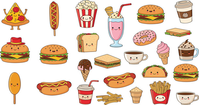 Cute Kawaii Fast Food Character Set with Pizza Burger Hotdog Donut Ice Cream Coffee Fries Smiling Face Vector Illustration