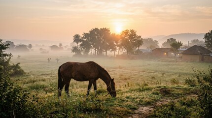 Obraz premium Misty sunrise in rural India with a grazing horse, serene dawn atmosphere, soft haze, natural textures and authentic travel storytelling with strong tourism appeal, warm early light, realistic detail