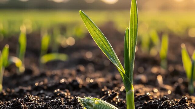 Wheat grain sprouts green arrow shoot concept. Close up of young green corn seedling growing in fertile soil with sunlight in agricultural field