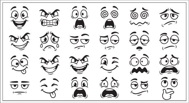 Cartoon Facial Expressions Vector Illustration &mdash; Black and White Set of Twenty-Five Emotional Faces for Design and Communication