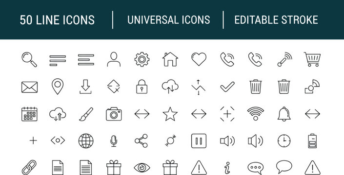 Universal line icon set with editable stroke for interface navigation communication media and web application design elements