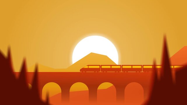 Simple animation of train crossing bridge between hills during sunset landscape scene