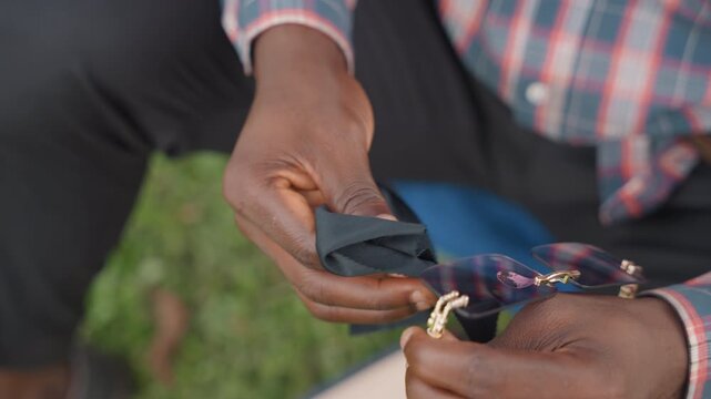 Man meticulously aligns glasses outdoors using microfiber cloth. An individual outdoors carefully aligns his glasses using microfiber cloth and gentle touch to ensure perfect fit and lens clarity