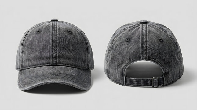 Dark grey acid-washed baseball cap mockup with curved brim, structured panel, front and rear views
