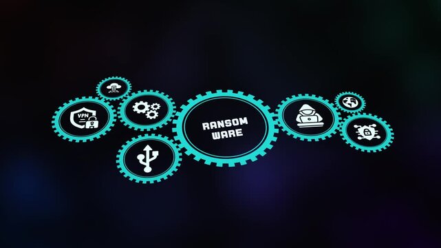 Ransomware attack prevention and recovery concept with digital gear icons and data security locks