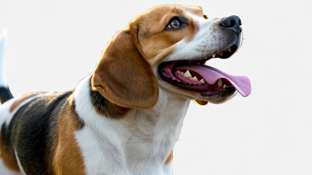 Slow motion tracking shot of beagle dog panting and turning head against plain white studio background closeup