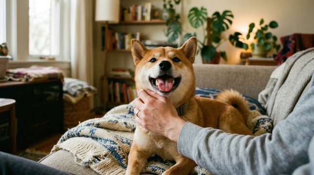 Film UGC POV photo of a hand petting a happy Shiba Inu dog, intimate pet owner perspective, joyful canine at home, candid lifestyle moment, affectionate interaction, cozy domestic setting, nostalgic